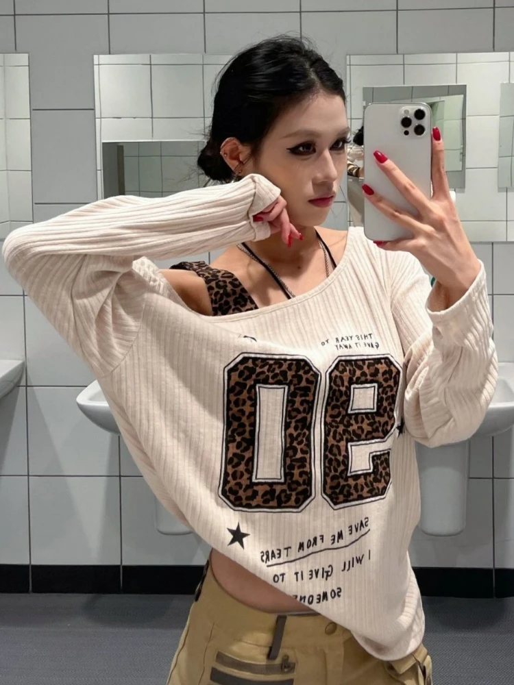 Y2K Patchwork Leopard Print T- - Embroidery Tshirt 评论和价格